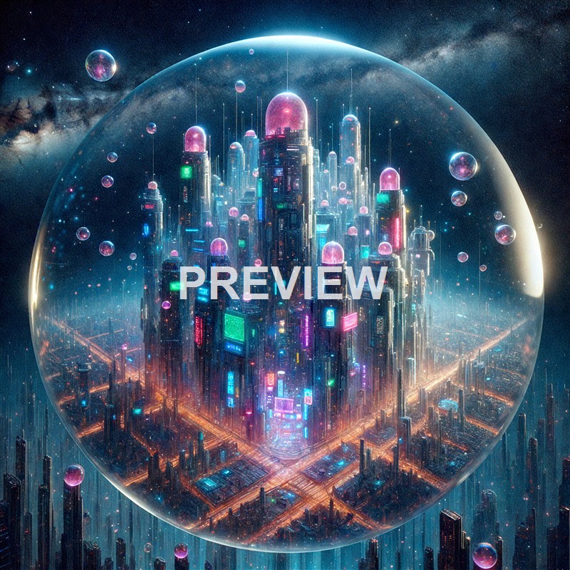 A futuristic cityscape with tall, illuminated skyscrapers enclosed within a transparent sphere, set against a starry outer space background with planets and cosmic dust.